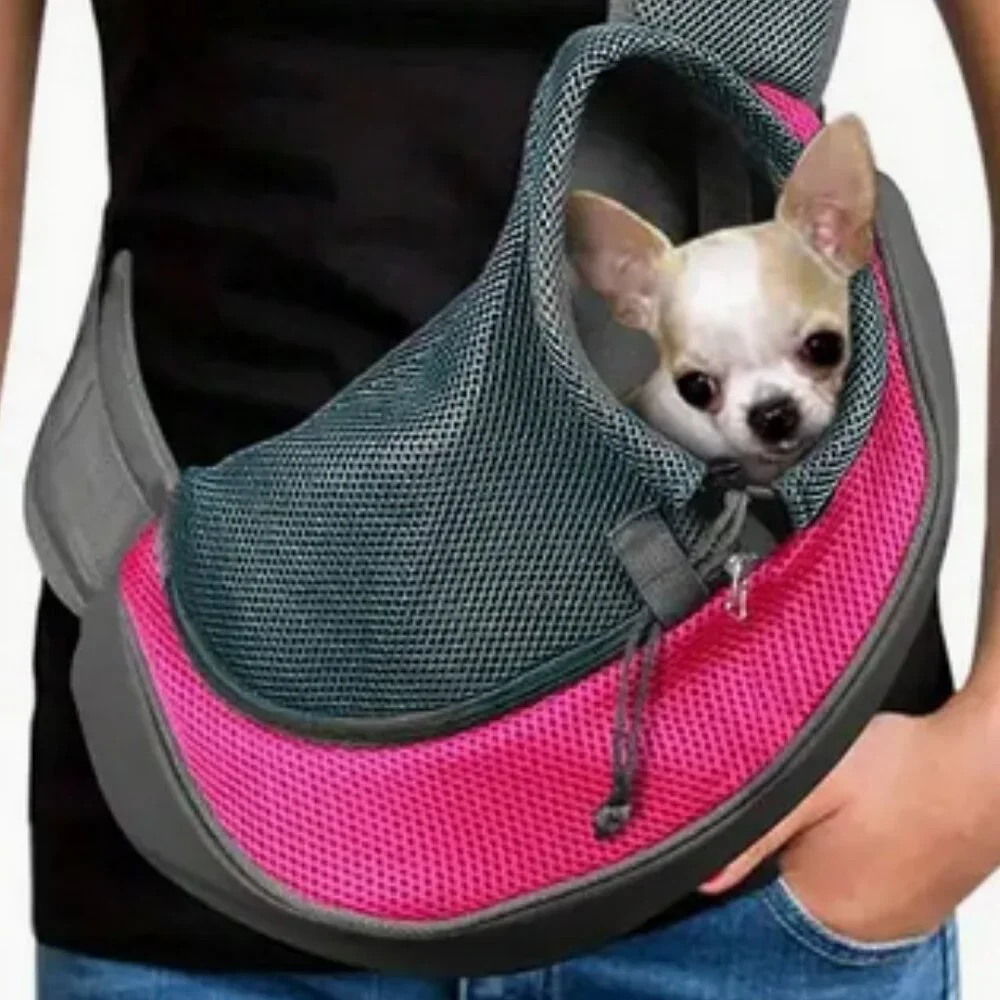 PET SLING - NEW / LARGE / PINK - Dog Cat Carrier Bag Mesh Leather Shoulder Strap